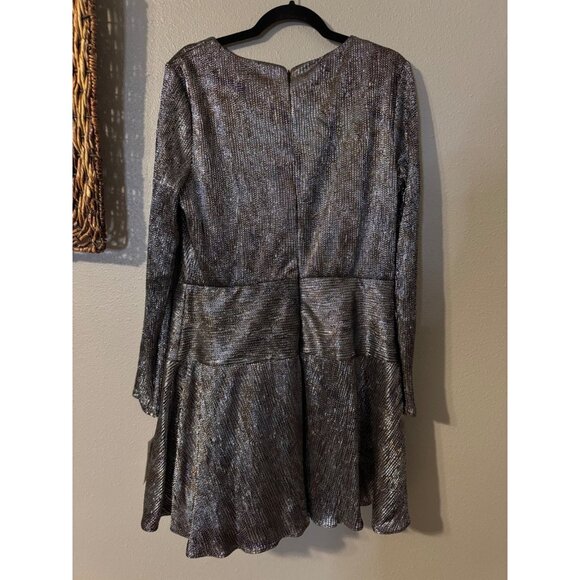 Aidan Mattox Cocktail Party Dress 14 Black Gold Silver Foil Long Sleeve NEW $220 - Picture 12 of 12